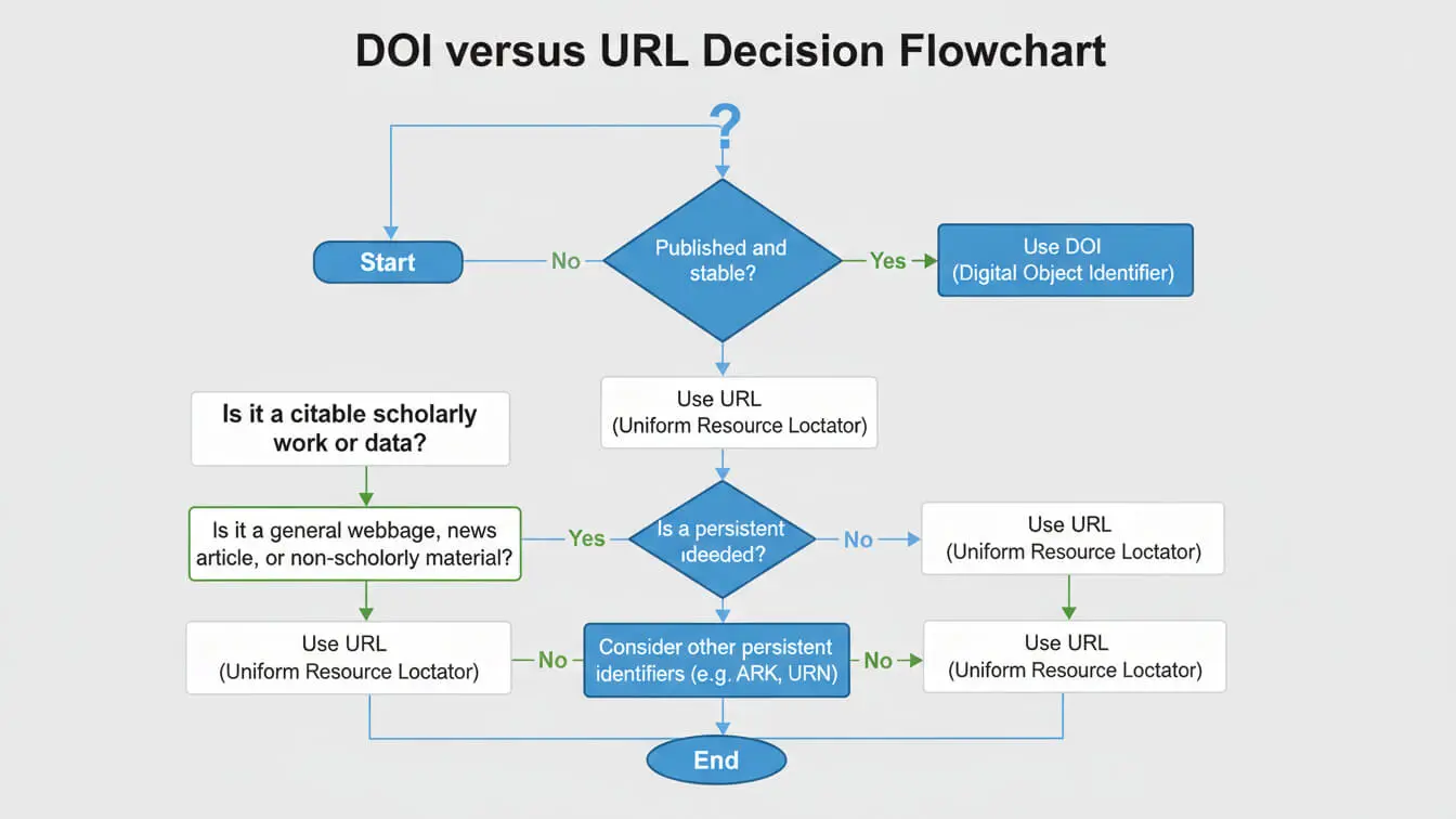 A flowchart illustrating the decision process for choosing between a DOI and a URL in APA references, based on publication status, stability, and content type. Uploaded on aifreeforever.com