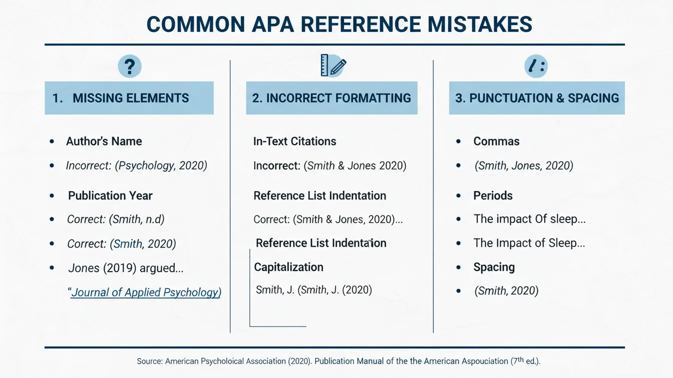 Infographic listing common APA reference formatting mistakes: missing elements, incorrect formatting, and punctuation errors, with specific examples for each category. Uploaded on aifreeforever.com
