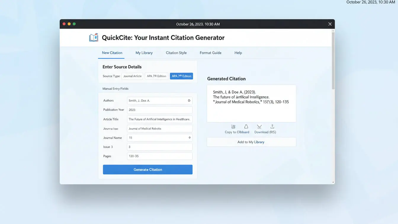 A computer screen shows an online citation generator with fields filled for a journal article and a generated citation in APA formatting displayed on the right. Uploaded on aifreeforever.com