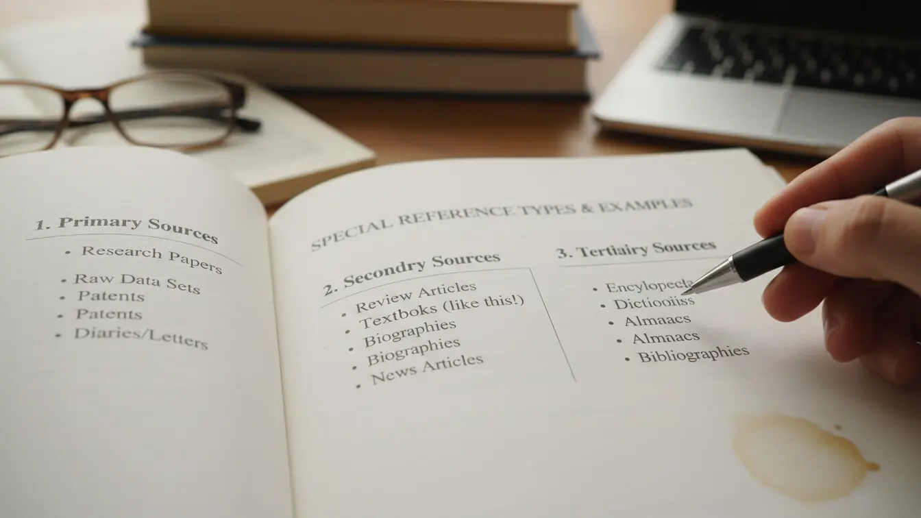 A person points a pen at an open book listing primary, secondary, and tertiary sources, with a coffee stain on the page and books and a laptop in the background—perfect for learning how to format APA references accurately. Uploaded on aifreeforever.com