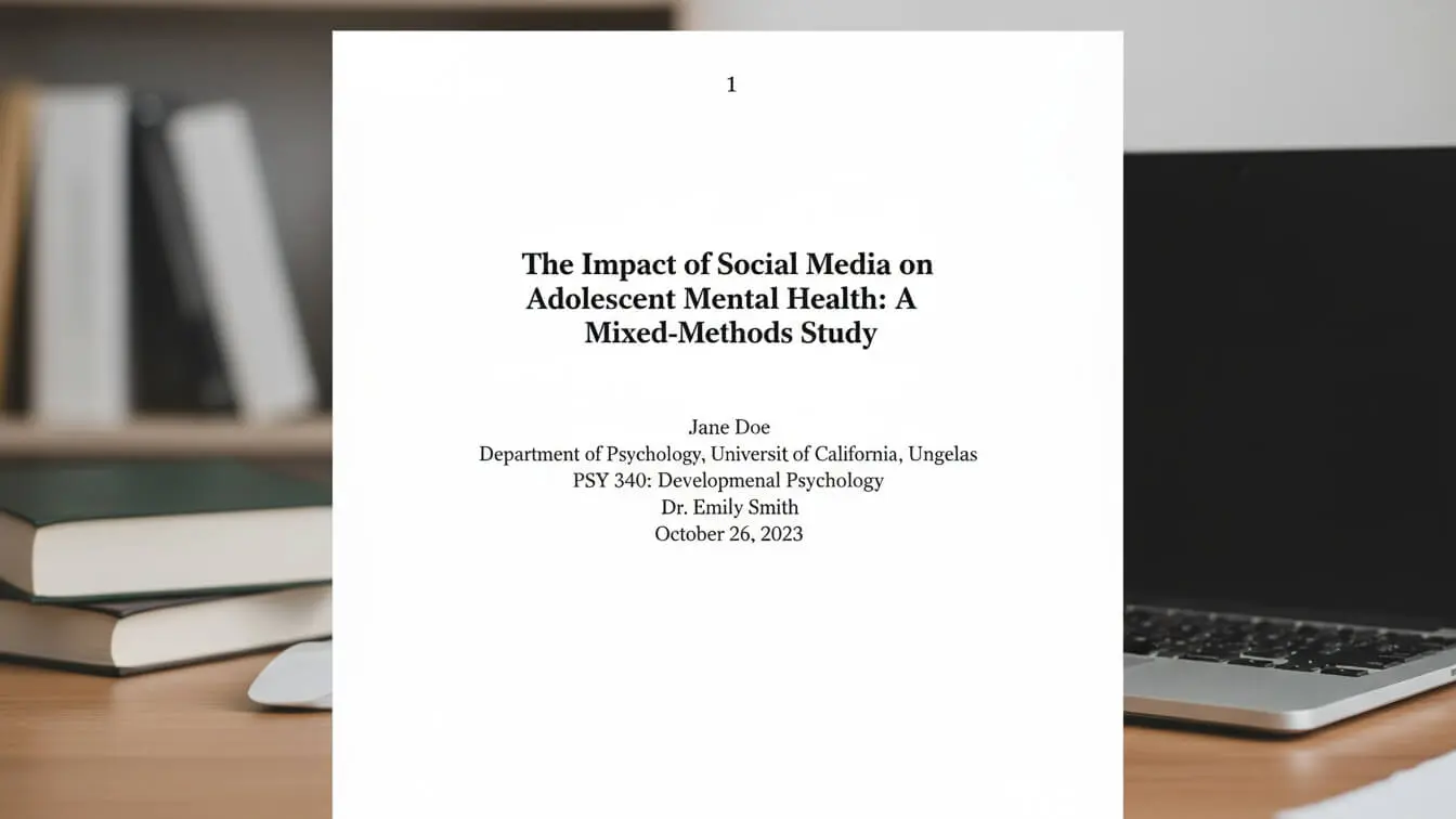 A cover page in APA format of an academic paper titled The Impact of Social Media on Adolescent Mental Health: A Mixed-Methods Study by Jane Doe, dated October 26, 2023, lies on a desk. Uploaded on aifreeforever.com