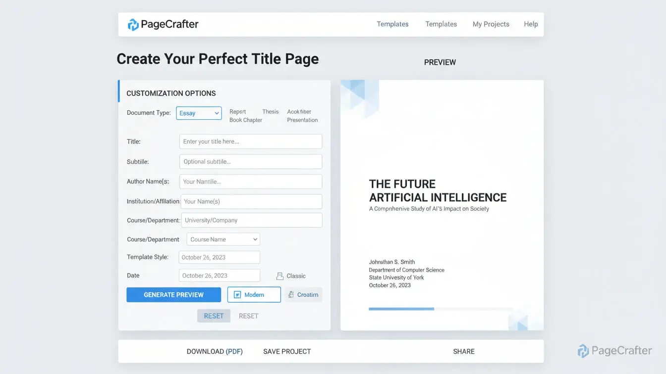 Screenshot of a web tool for creating an APA title page, showing input fields on the left and a generated preview for an essay titled The Future Artificial Intelligence on the right. Uploaded on aifreeforever.com