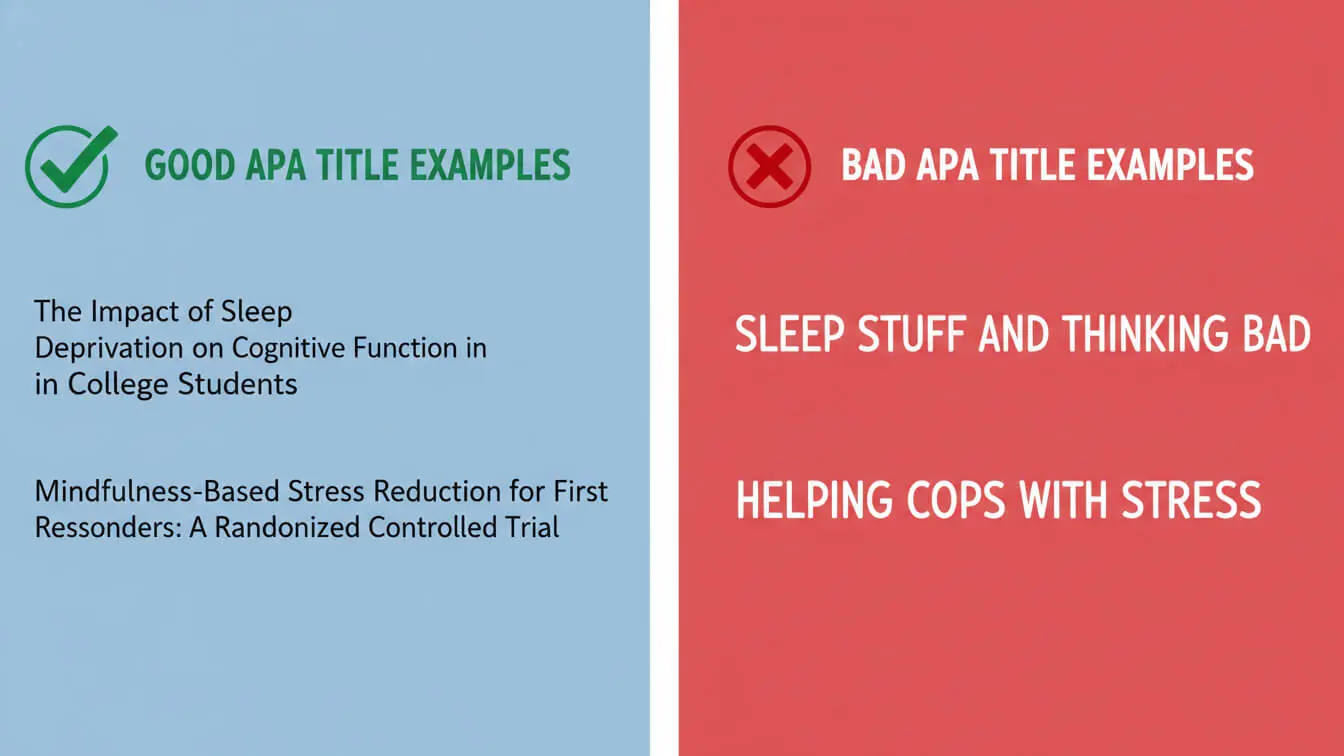 A comparison chart displays good APA title page examples on the left with detailed, specific titles, and bad APA format title examples on the right with vague, informal titles. Uploaded on aifreeforever.com