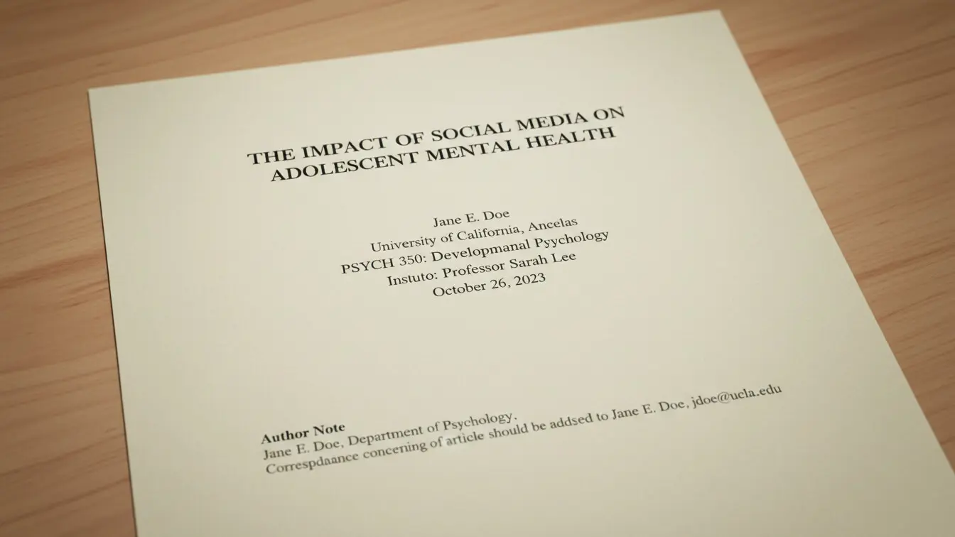 A printed academic paper in APA format titled The Impact of Social Media on Adolescent Mental Health lies on a wooden surface. The author, Jane E. Doe from the University of California, is listed on the title page. Uploaded on aifreeforever.com