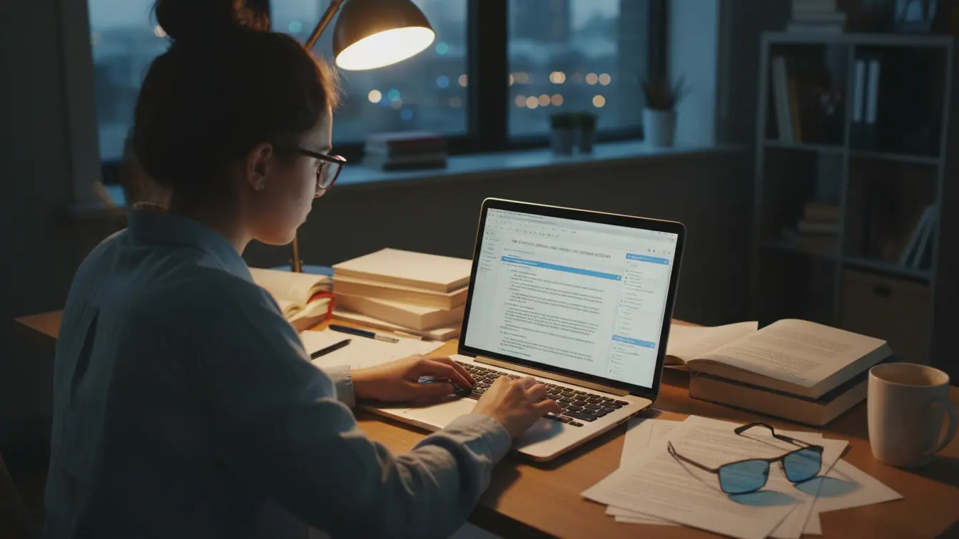 A person wearing glasses works at a laptop on a desk with books, papers in MLA format, and a lamp, in a room with a large window at dusk. Uploaded on aifreeforever.com