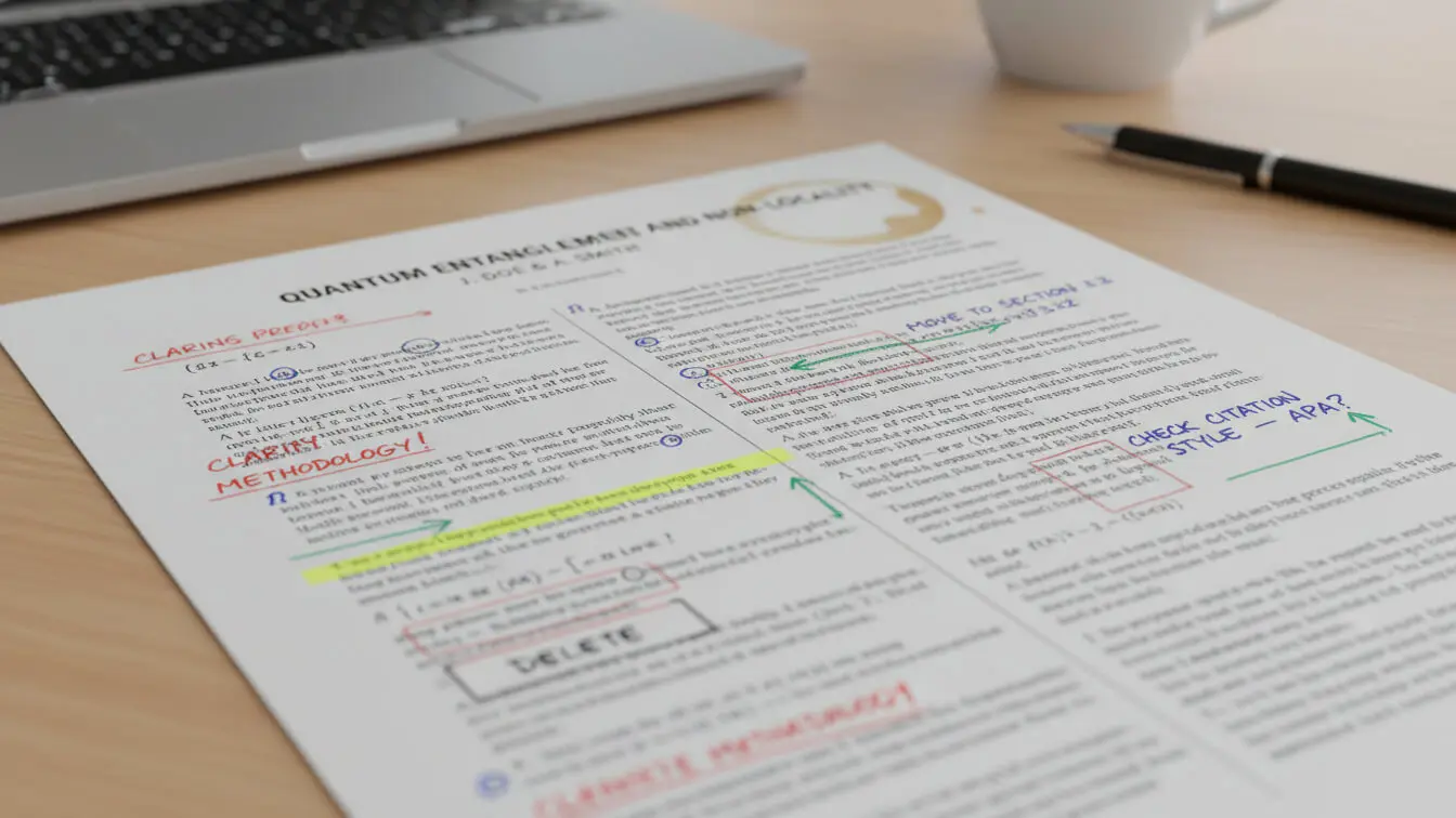 A printed academic paper with handwritten edits and highlights, following MLA guidelines, sits on a desk near a laptop and a cup with a coffee ring stain. Uploaded on aifreeforever.com
