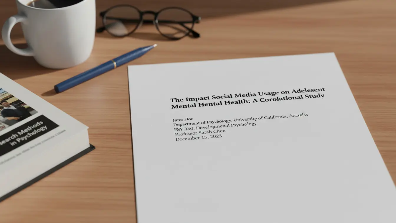 A printed research paper titled The Impact of Social Media Usage on Adolescent Mental Health, formatted in APA style, lies on a wooden desk with a pen, glasses, a mug, and a book nearby. Uploaded on aifreeforever.com