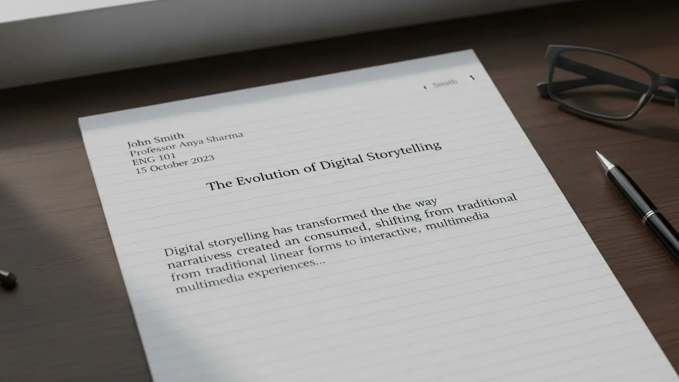 A printed essay titled The Evolution of Digital Storytelling lies on a desk, featuring a short introductory paragraph and a pen beside the paper, showcasing meticulous research paper formatting in MLA style. Uploaded on aifreeforever.com