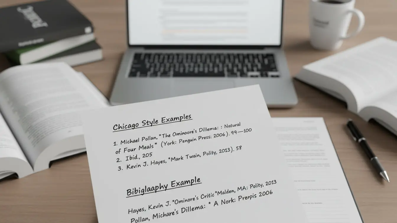A person holds a printed sheet titled “Chicago Style Examples” in front of an open laptop and scattered books and papers on a desk, focusing on research paper formatting styles like APA, MLA, and Chicago. Uploaded on aifreeforever.com