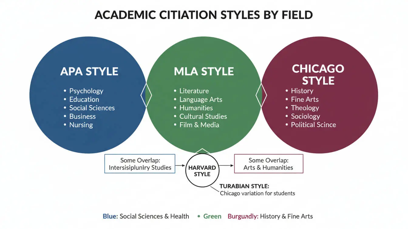 Three overlapping circles illustrate citation styles: APA for social sciences, MLA for arts and humanities, and Chicago for history. The diagram highlights research paper formatting overlaps, with notes on Harvard and Turabian styles. Uploaded on aifreeforever.com