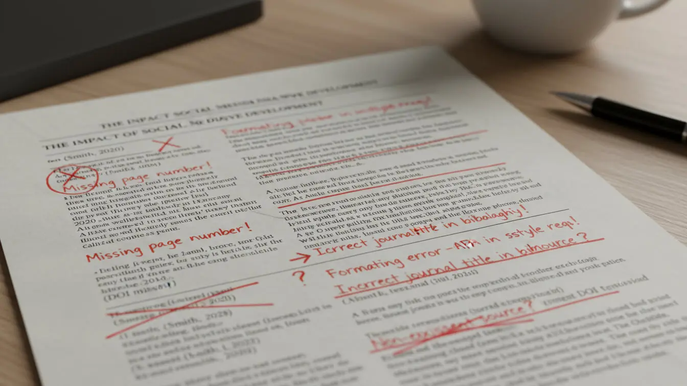 A printed academic paper with handwritten red pen corrections—crossed-out text, margin notes, and editing marks—sits on a desk next to a cup and pen, highlighting careful attention to research paper formatting in APA style. Uploaded on aifreeforever.com