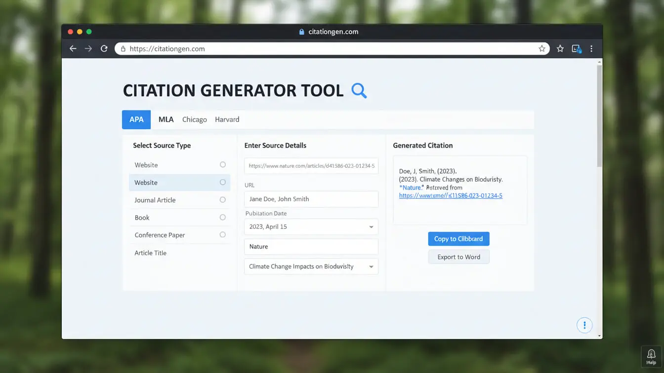 Screenshot of an online citation generator tool displaying fields for source details and a generated APA or MLA citation, making research paper formatting easy with options to copy or export. Uploaded on aifreeforever.com