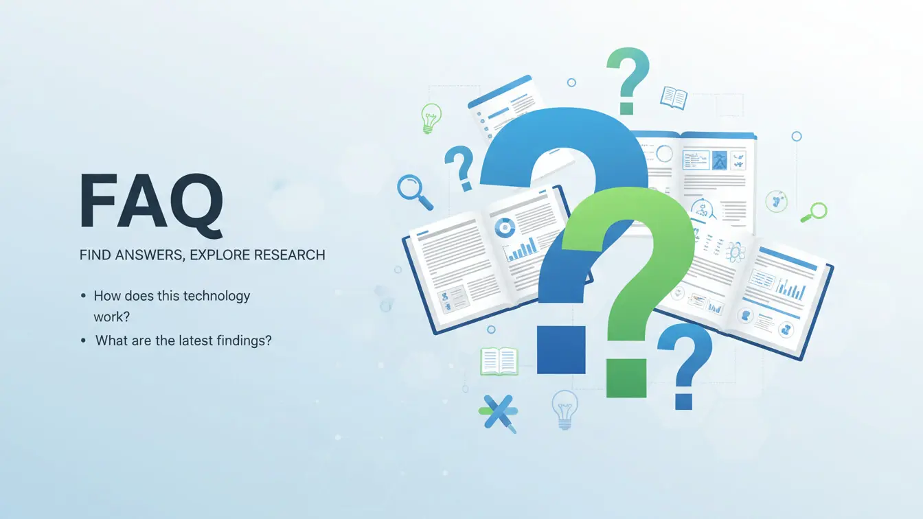FAQ section with large question marks, open books, documents, charts, and icons representing research and inquiry, plus bulleted questions about technology, findings, and topics like Research Paper Formatting in APA or MLA styles. Uploaded on aifreeforever.com
