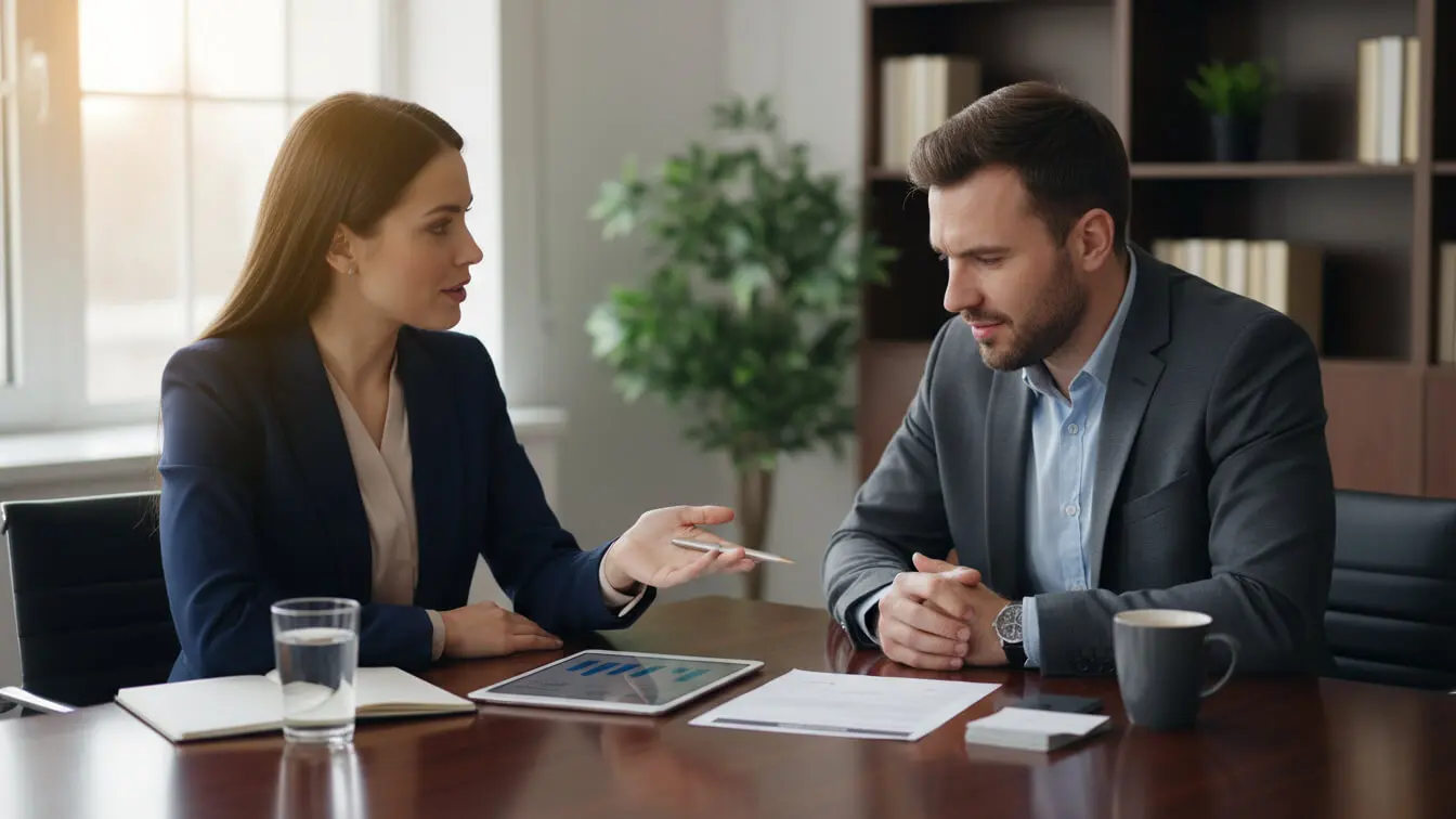Two people in business attire sit at a table discussing salary negotiation documents and a tablet displaying charts, with a notebook, glass of water, and office supplies on the table. Uploaded on aifreeforever.com