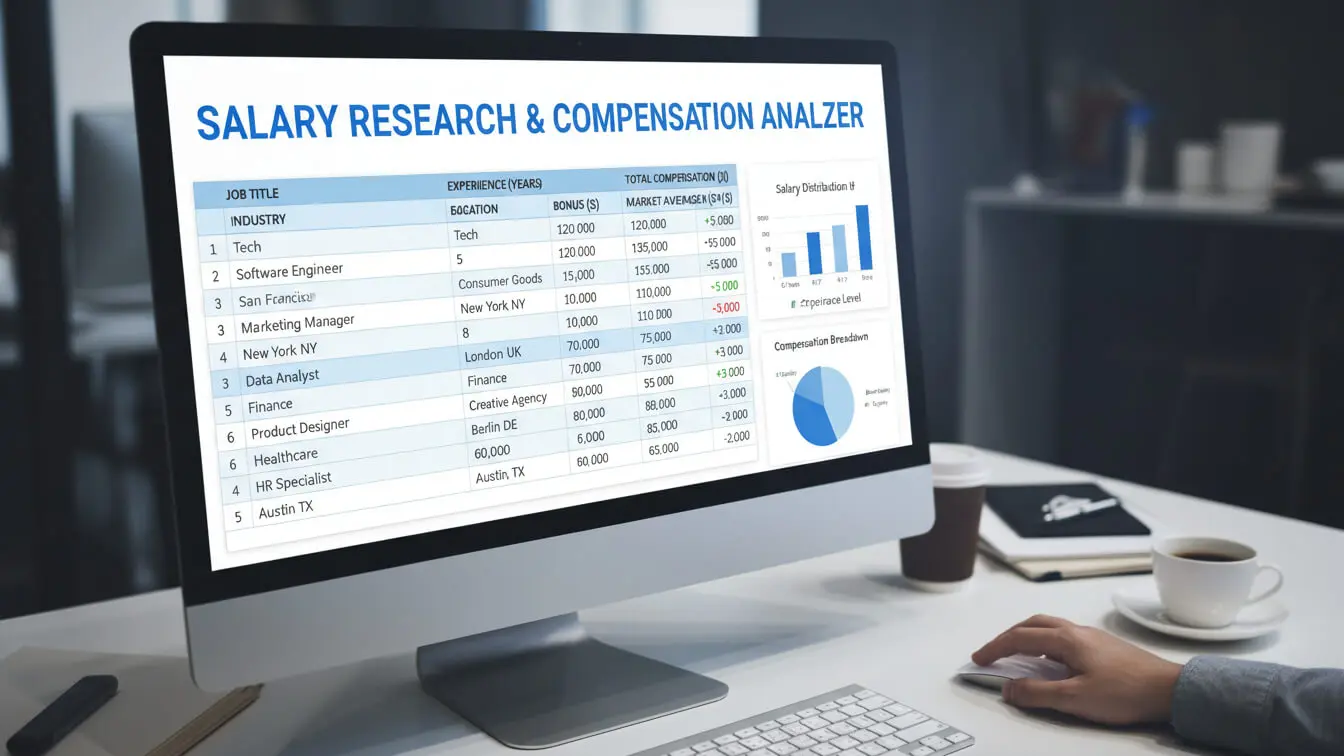 A computer screen displays a salary research and compensation analyzer spreadsheet with job titles, locations, compensation data, and related charts—perfect for preparing for interview salary discussions or figuring out how much to ask for salary. Uploaded on aifreeforever.com