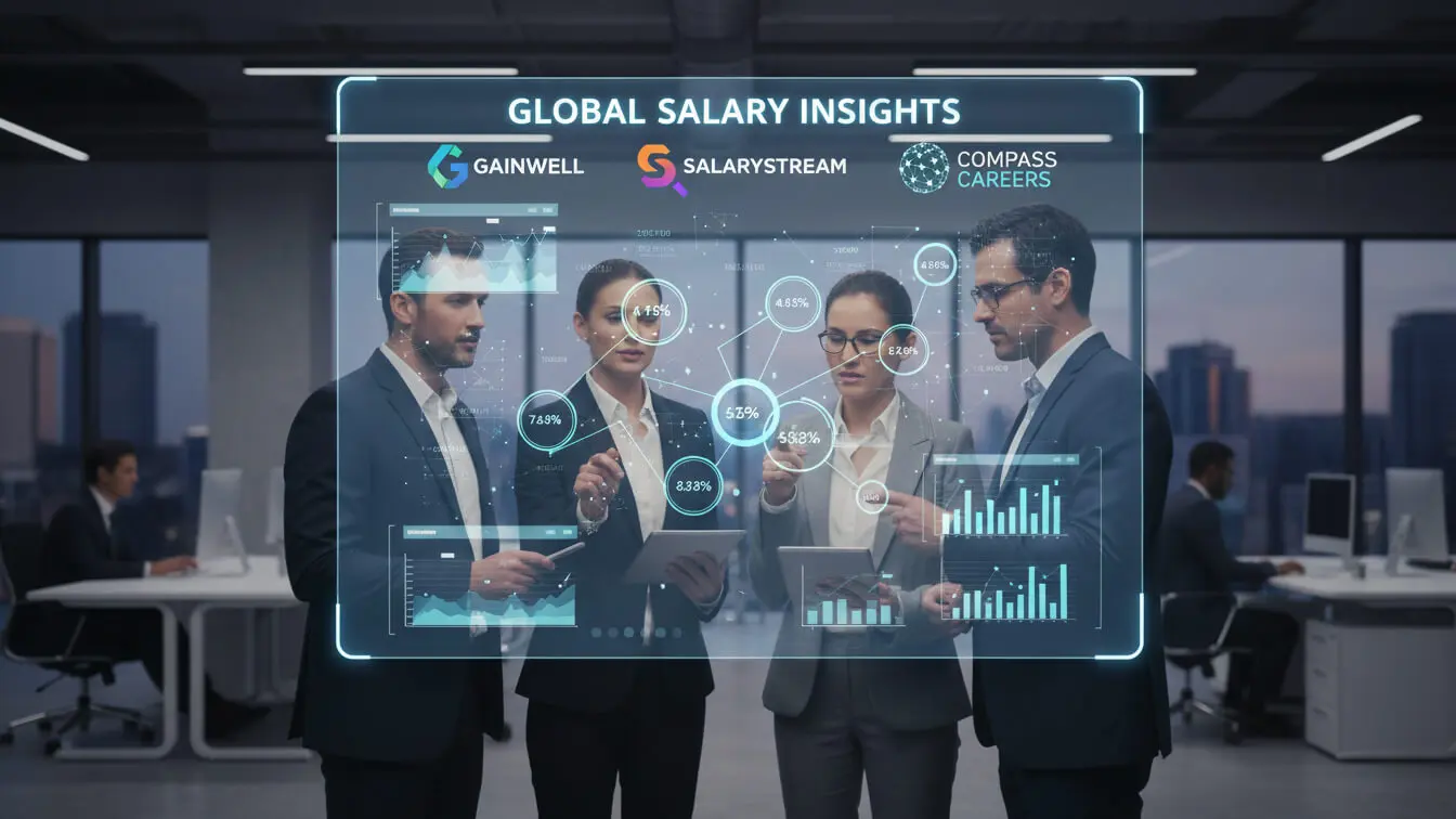Four business professionals analyze a large digital screen displaying global salary insights, interview salary trends, graphs, and company logos in a modern office setting. Uploaded on aifreeforever.com