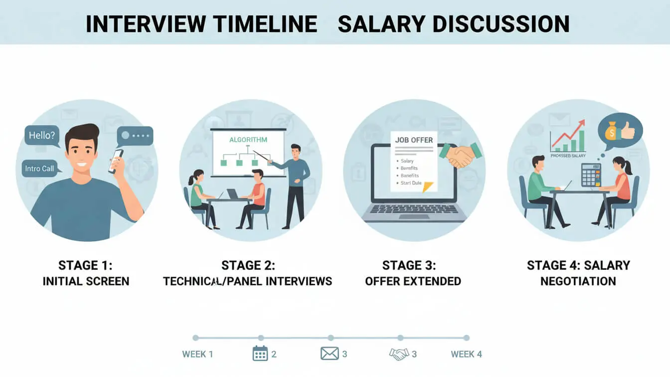 A four-stage interview timeline—initial screen, technical or panel interviews, offer extended, and interview salary negotiation—shown with icons and a weekly progress bar. Uploaded on aifreeforever.com