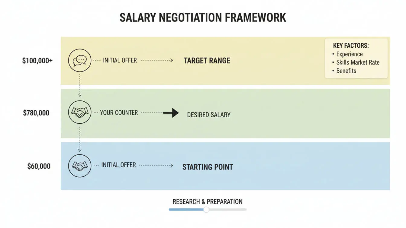 A salary negotiation framework chart showing the starting point, desired salary, and target range—ideal for deciding how much to ask for salary during an interview. Key factors include experience, skills, market rate, and benefits. Uploaded on aifreeforever.com