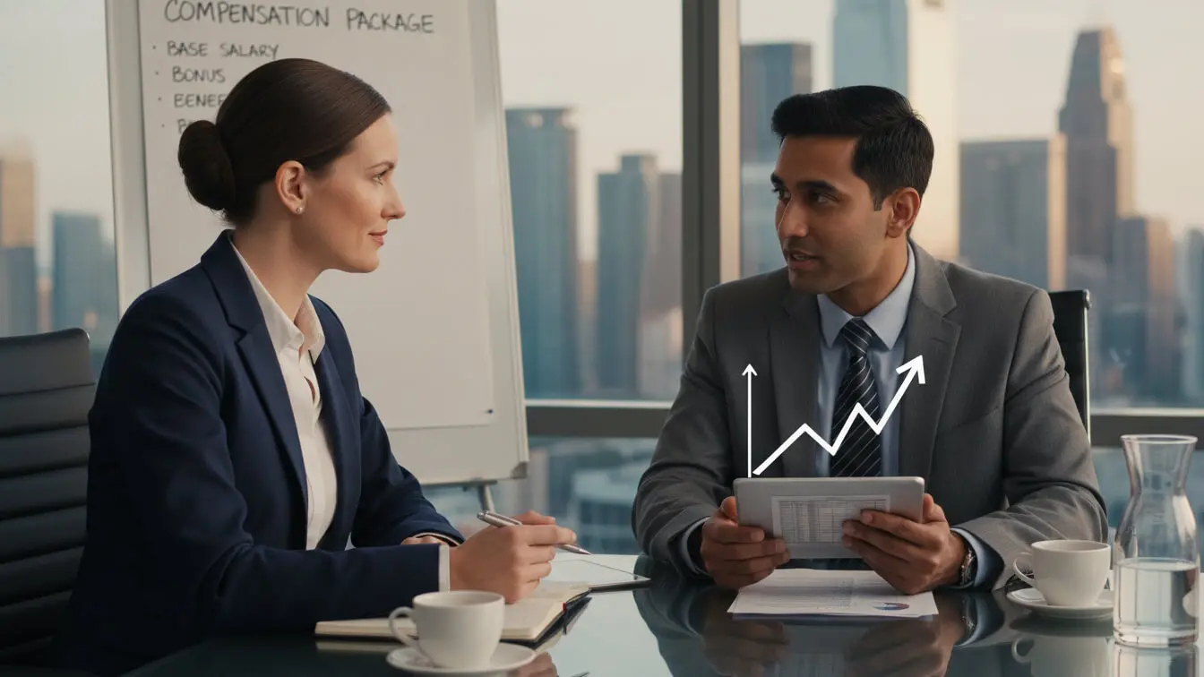 Two business professionals discuss interview salary and a compensation package in an office, with one person holding a tablet displaying a growth chart. A whiteboard with salary negotiation details is visible in the background. Uploaded on aifreeforever.com