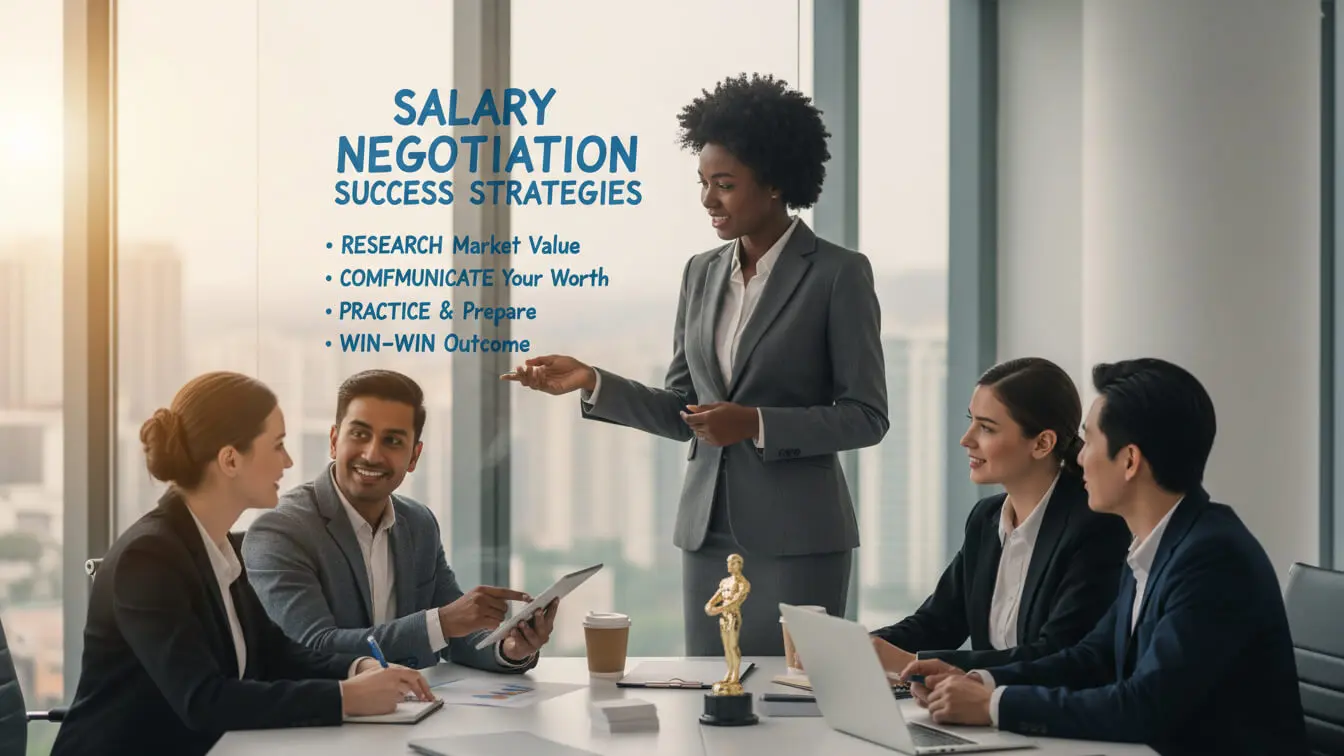 A businesswoman presents salary negotiation strategies to four colleagues in a conference room. A screen displays key points on interview salary, while a trophy sits on the table, symbolizing success. Uploaded on aifreeforever.com