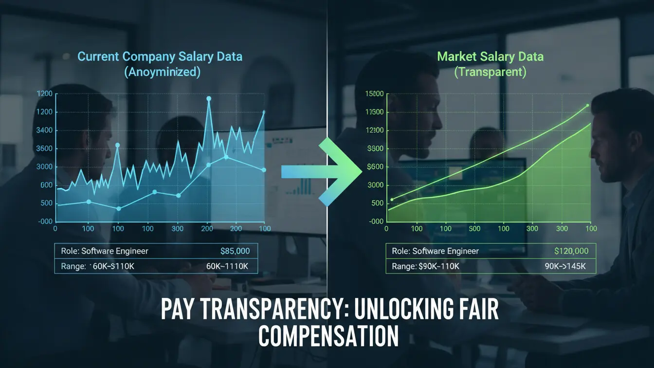 Side-by-side graphs compare anonymized and transparent salary data for software engineers, highlighting how pay transparency can empower better salary negotiation and informed decisions on how much to ask for salary. Uploaded on aifreeforever.com