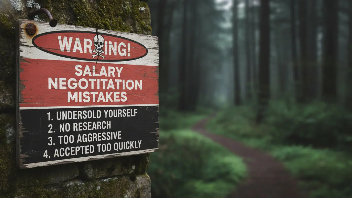 A warning sign on a mossy tree lists common salary negotiation and interview salary mistakes in a forest setting, with a dirt path leading into the distance. Uploaded on aifreeforever.com