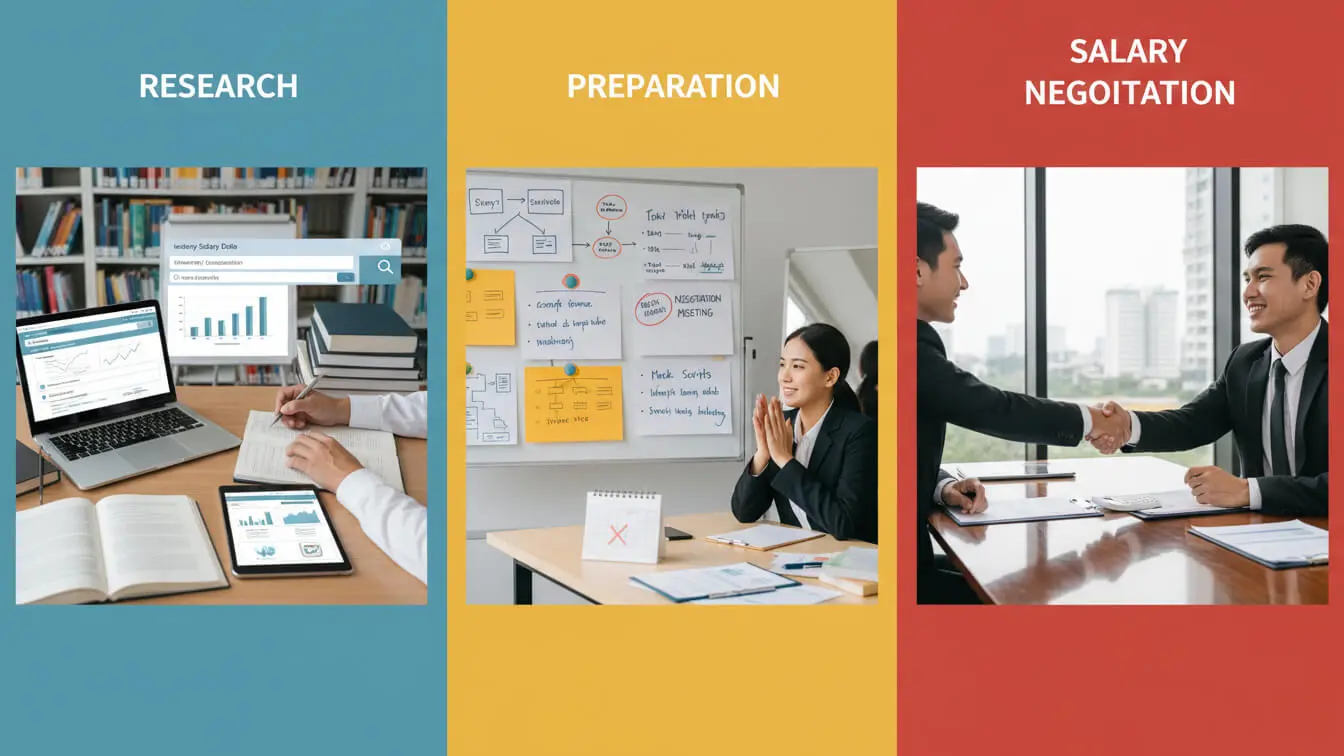 A three-panel image labeled Research, Preparation, and Salary Negotiation, showing a person researching how much to ask for salary, a woman in an interview salary meeting, and two men shaking hands in an office. Uploaded on aifreeforever.com