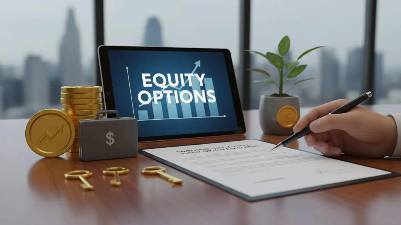 A person reviews paperwork at a desk with a tablet displaying Equity Options, gold coins, a money case, gold keys, and a potted plant—preparing for salary negotiation and deciding how much to ask for salary. Uploaded on aifreeforever.com