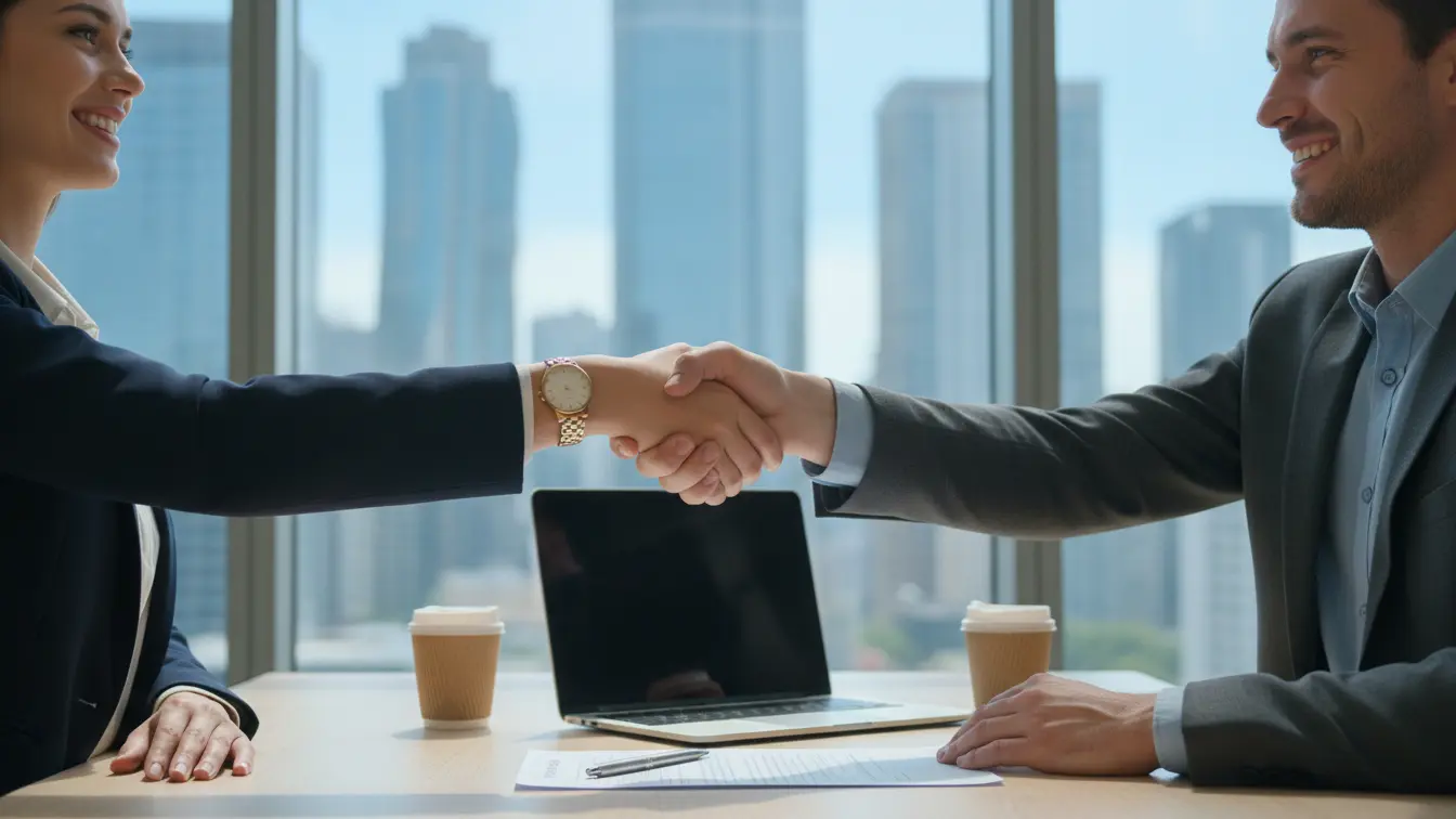 Two people in business attire shake hands across a desk with documents, coffee cups, and a laptop—a perfect moment illustrating successful salary negotiation, with city skyscrapers visible through the window in the background. Uploaded on aifreeforever.com