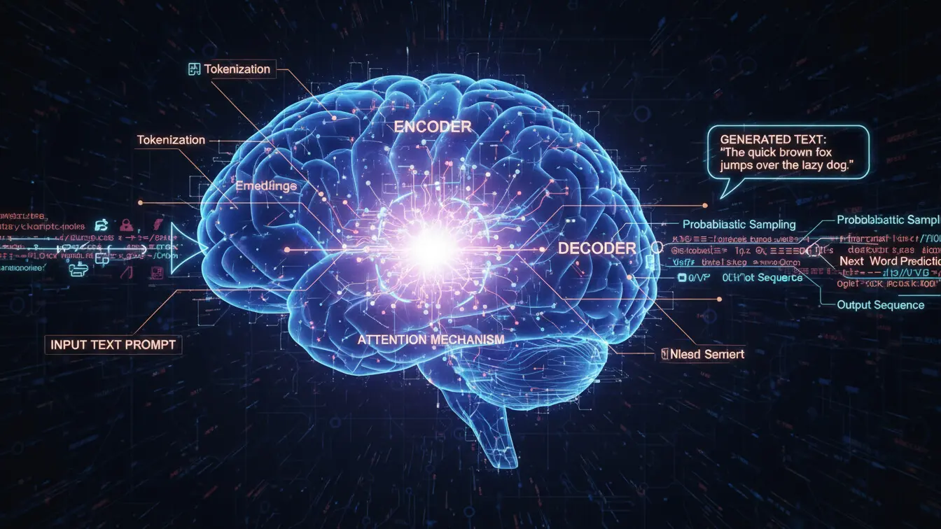 Digital illustration of a brain with labeled sections representing parts of a neural network, including encoder, decoder, attention mechanism, and input/output data flow—perfect for explaining how free AI text generator tools work. Uploaded on aifreeforever.com