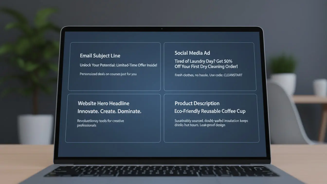 A laptop screen displays four text boxes labeled Email Subject Line, Social Media Ad, Website Hero Headline, and Product Description with sample marketing copy in each box, created using a powerful AI text generator. Uploaded on aifreeforever.com