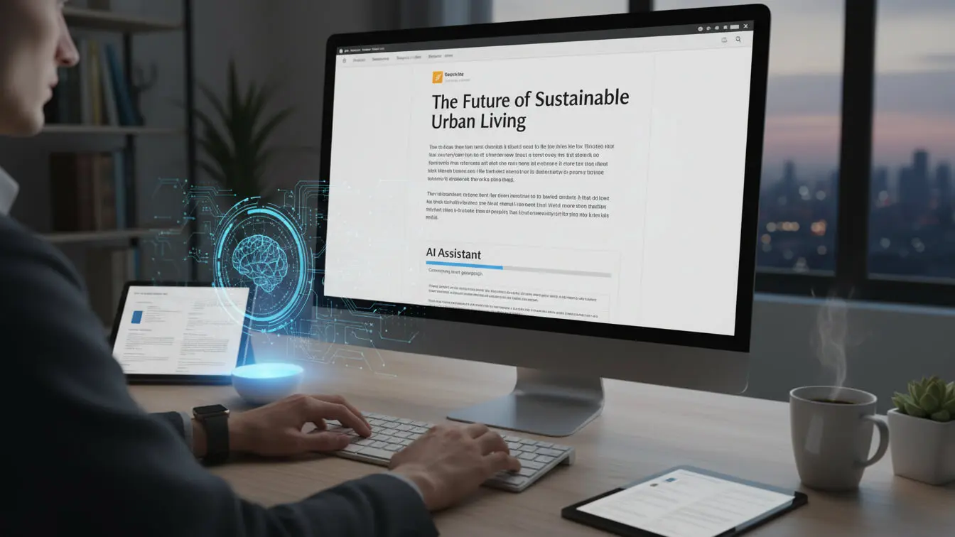 A person types on a keyboard at a desk with a large monitor displaying an article titled “The Future of Sustainable Urban Living” while a digital AI text generator graphic appears beside the screen. Uploaded on aifreeforever.com
