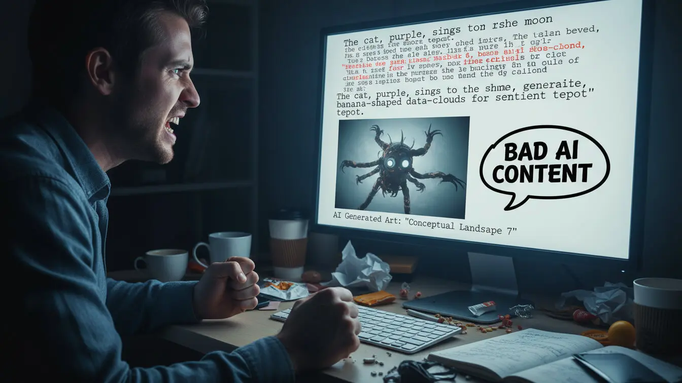 A man sits at a cluttered desk, looking at a computer screen displaying AI text generator results and art, with a speech bubble saying BAD AI CONTENT. Uploaded on aifreeforever.com