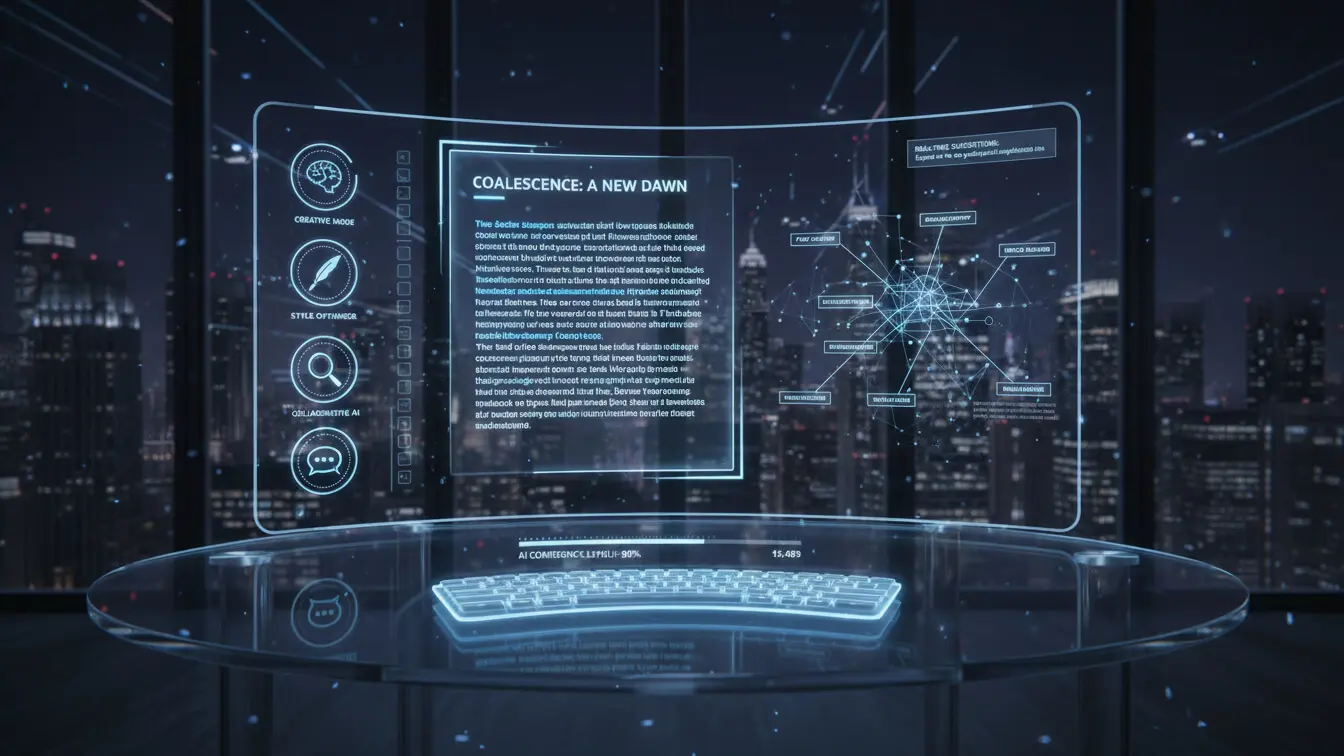 Futuristic transparent computer screen displays data, charts, and text in a dark office with cityscape view at night; a glowing keyboard sits on a glass desk beside the Best AI Text Generator tools in use. Uploaded on aifreeforever.com