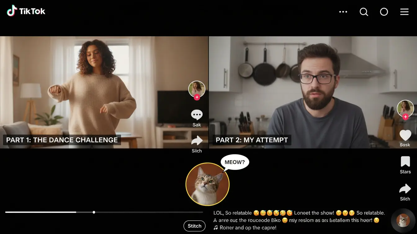 A split-screen features a woman dancing in her living room labeled Part 1: The Dance Challenge and a man watching in a kitchen labeled Part 2: My Attempt, with a cat saying MEOW?—a playful nod to viral trends and TikTok Stitches. Uploaded on aifreeforever.com