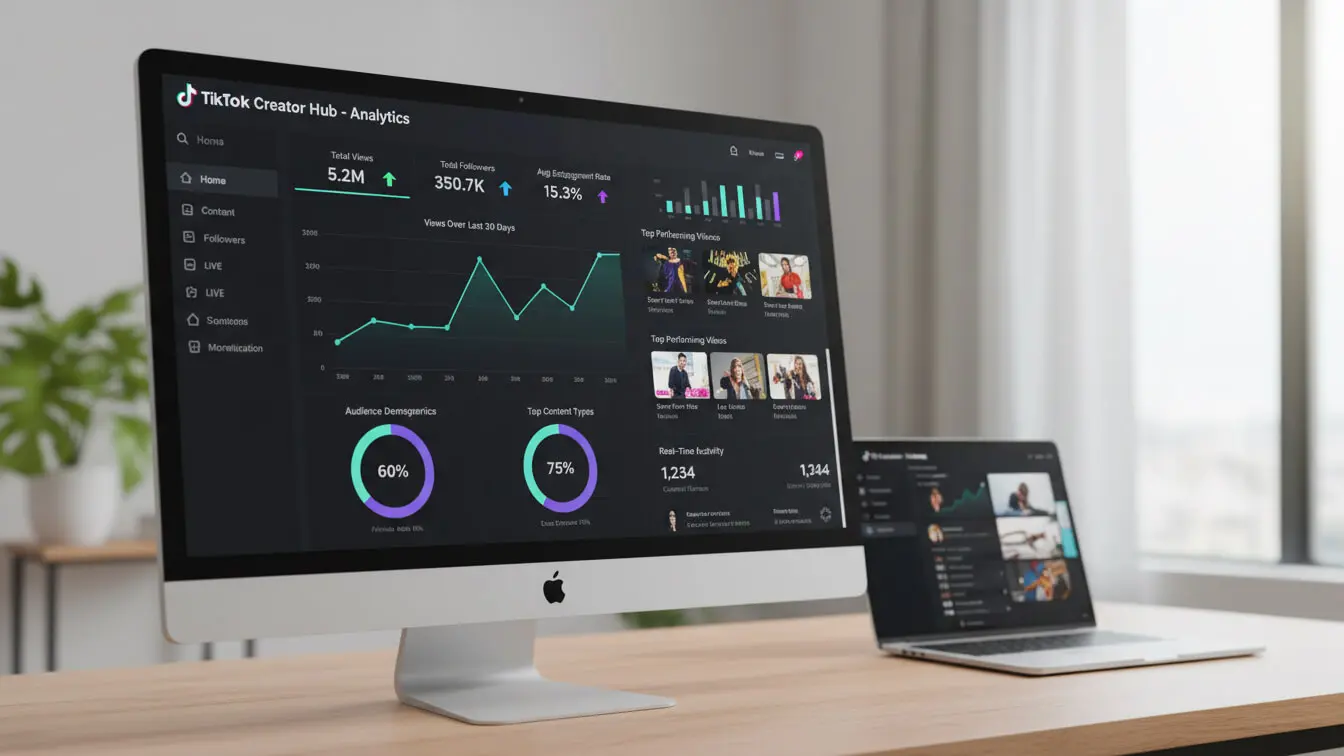 A desktop monitor displays TikTok Creator Hub analytics with graphs and charts; a laptop beside it shows a similar dashboard interface tracking viral trends on a wooden desk. Uploaded on aifreeforever.com