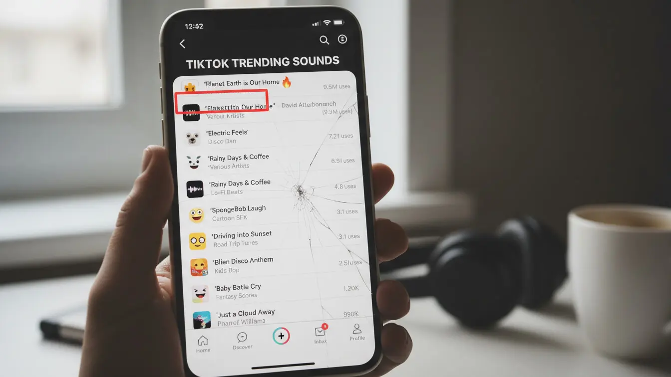 A hand holds a smartphone displaying TikTok Trending Sounds and viral trends, with a cracked screen and a list of popular audio tracks on the app. Headphones are blurred in the background. Uploaded on aifreeforever.com
