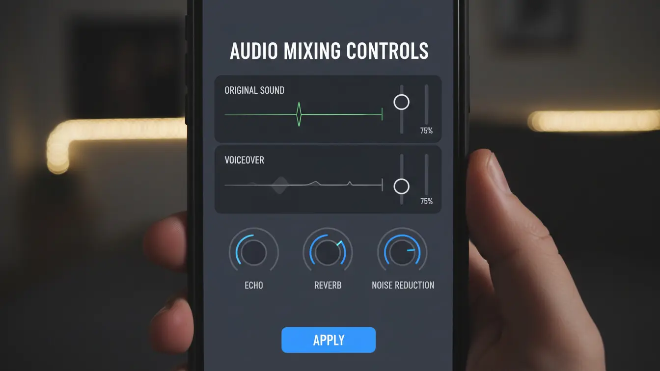 A hand holds a smartphone displaying an audio mixing controls screen with sliders for original sound and voiceover—perfect for creating viral trends or enhancing TikTok Duets with echo, reverb, and noise reduction knobs. Uploaded on aifreeforever.com