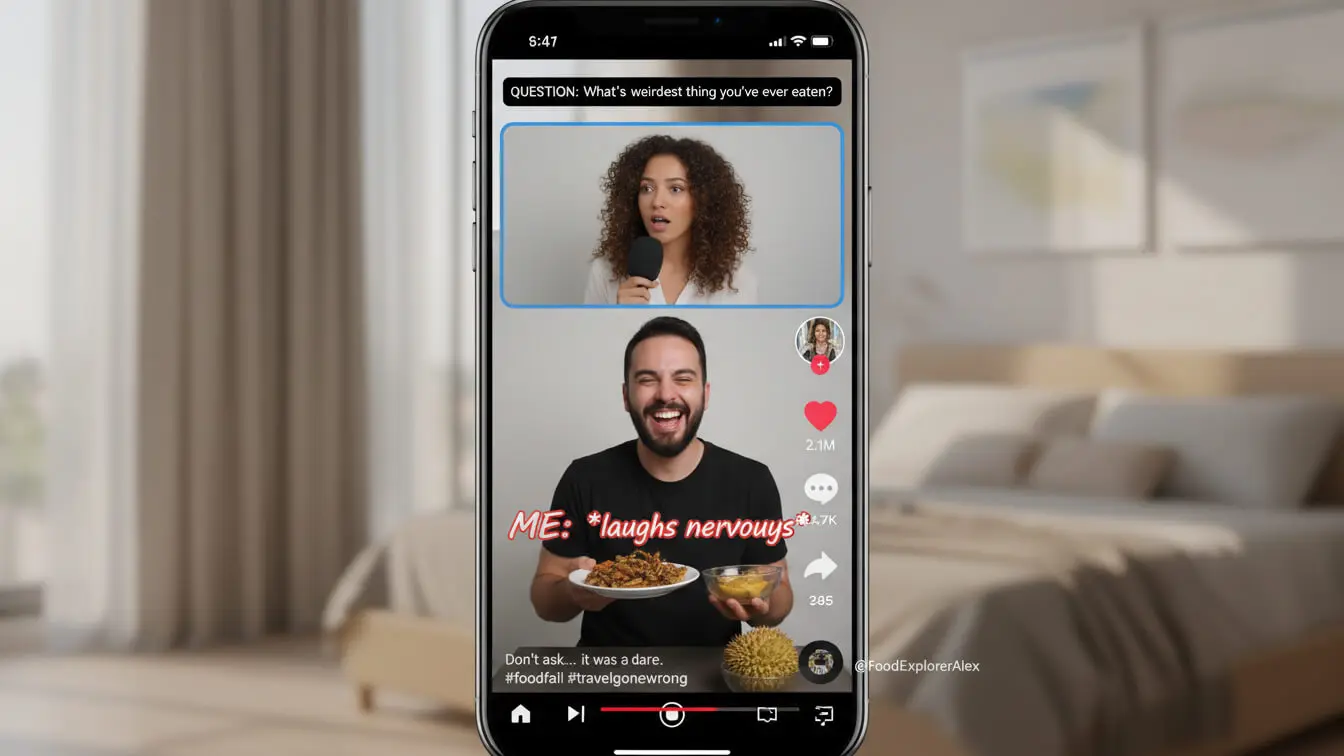 A phone screen displays a video call; a woman asks about the weirdest food eaten, while a man laughs nervously holding a plate of food. Social media icons, captions, and TikTok Duets hint at viral trends in action. Uploaded on aifreeforever.com