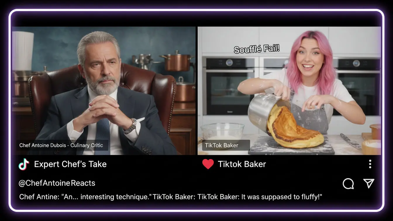 A serious chef critiques a TikTok baker with pink hair holding a collapsed soufflé labeled Soufflé Fail in a split-screen TikTok Duets video. Uploaded on aifreeforever.com
