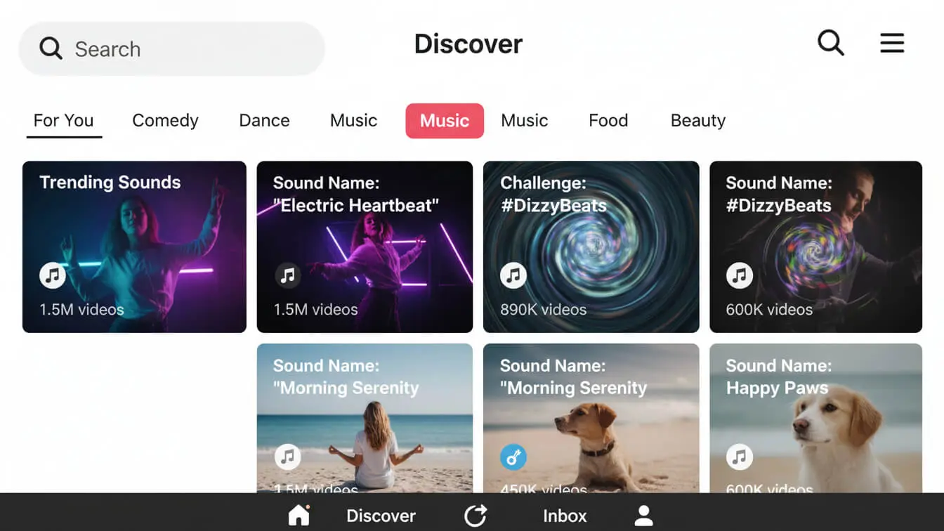 A digital interface displays a Discover page with music and trending sounds, highlighting viral trends like Dance, Food, and Beauty, plus video thumbnails with view counts, sound names, and popular TikTok Duets. Uploaded on aifreeforever.com