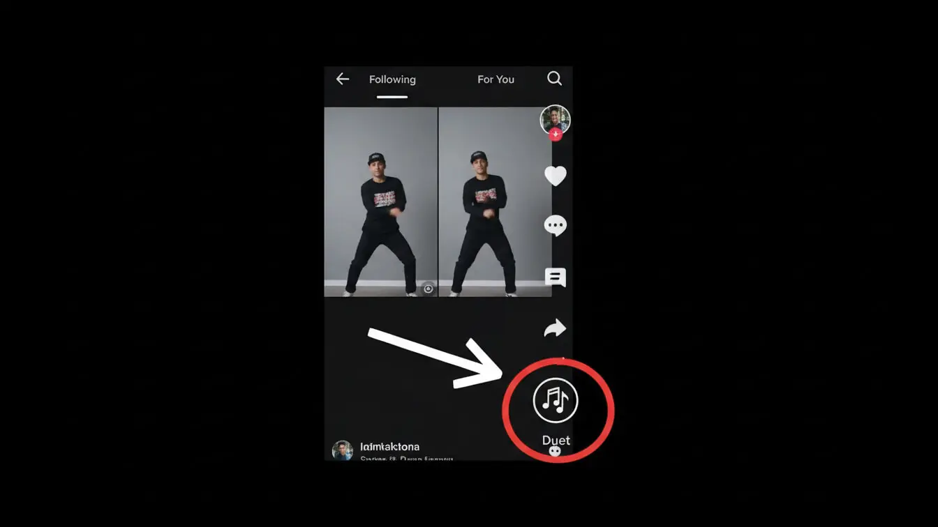 Screenshot of a TikTok video showing two people dancing side by side, with an arrow pointing to the circled “Duet” button on the right—perfect for creating viral trends with TikTok Duets. Uploaded on aifreeforever.com