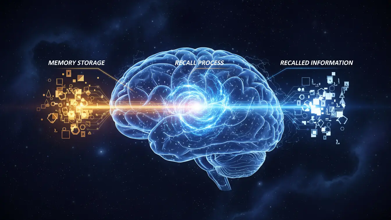 A digital illustration of a human brain shows labeled sections for memory storage, recall process, and recalled information—perfect inspiration for clean usernames or OG Twitch names, with dynamic visual effects highlighting each stage. Uploaded on aifreeforever.com