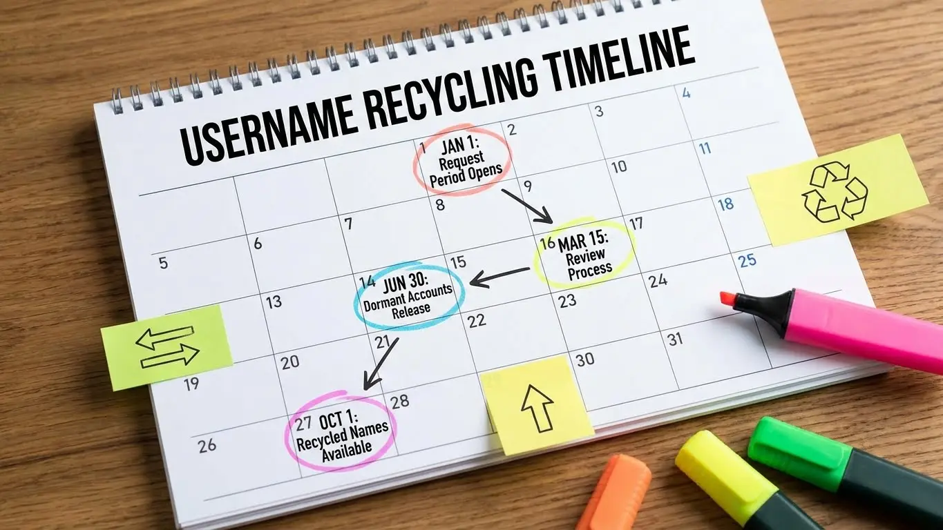 A calendar labeled Username Recycling Timeline with key dates and steps highlighted using colored markers, sticky notes, and arrows, showing stages of how short usernames and clean usernames are recycled. Uploaded on aifreeforever.com
