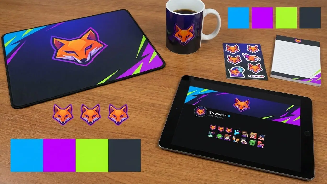 A desk with a fox logo mouse pad, coffee mug, stickers, and an iPad displaying emotes—plus color swatches in purple, blue, teal, and neon green—sets the scene for brainstorming OG Twitch Names or Short Clean Usernames for 2026. Uploaded on aifreeforever.com