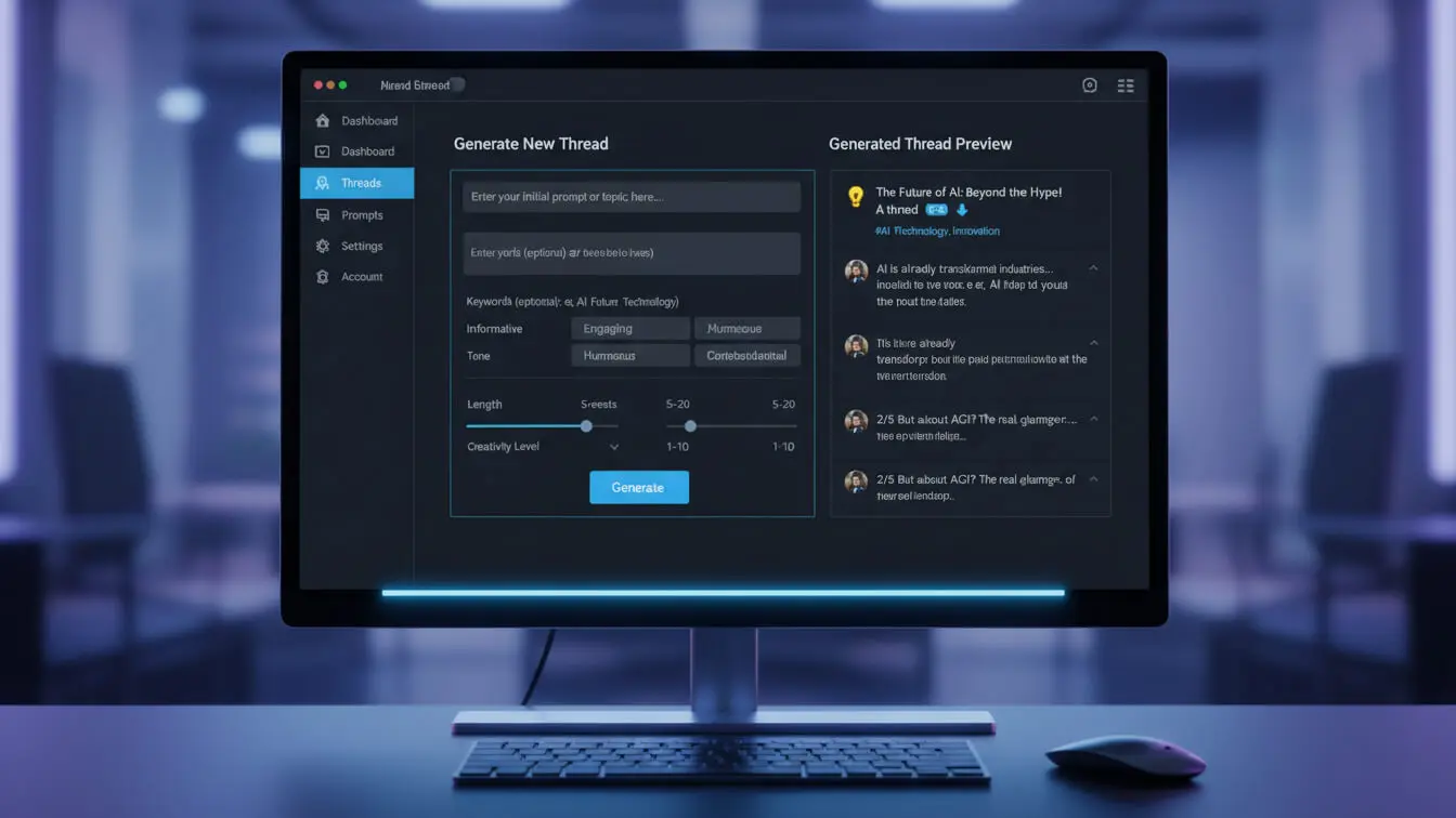 A computer monitor displays a dashboard interface for generating and previewing X/Twitter posts and online discussion threads, with options for keywords, format, length, and creativity level. A mouse and keyboard are in front. Uploaded on aifreeforever.com