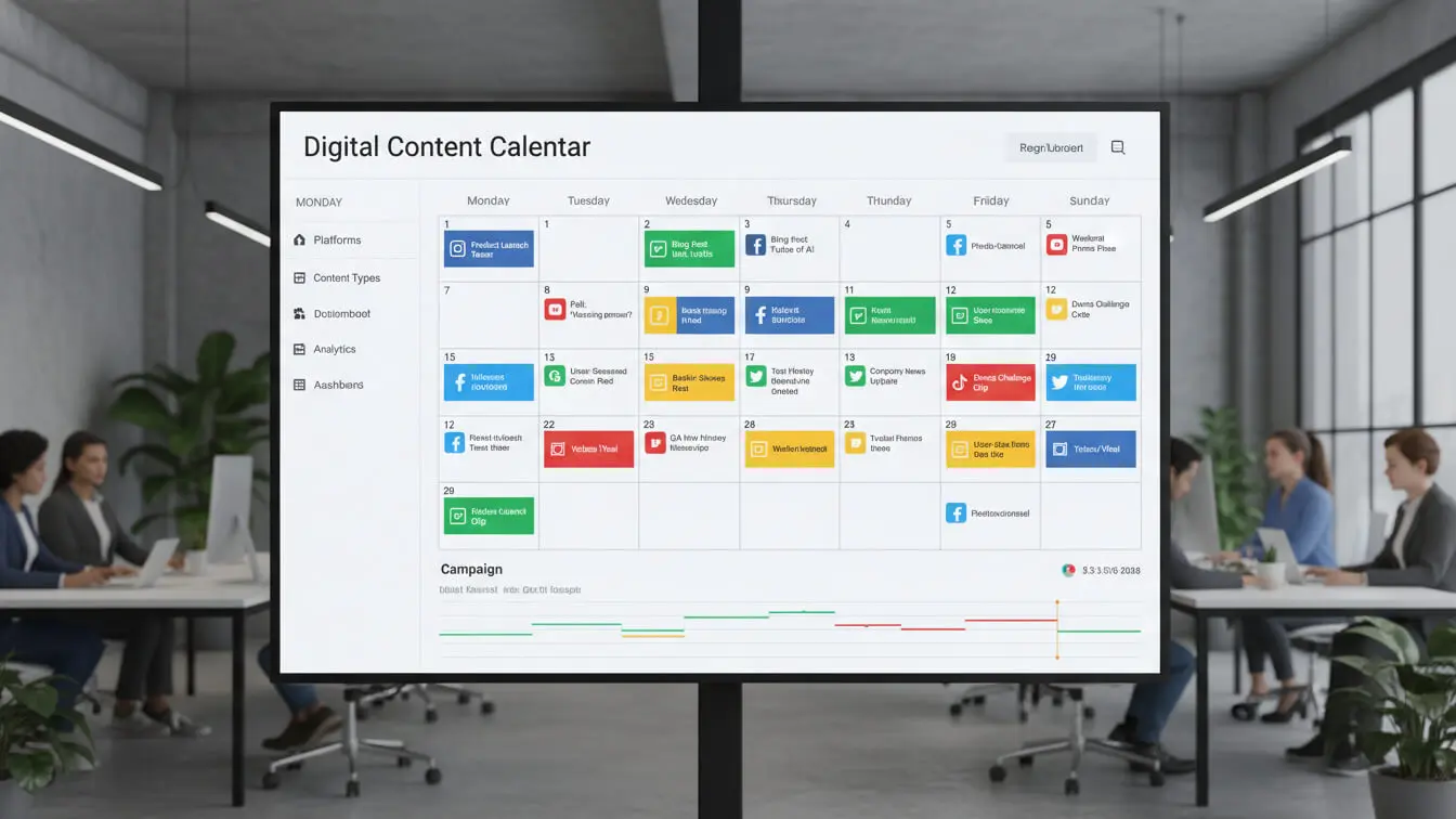 A large screen displays a digital content calendar with color-coded X/Twitter posts for each day, while people sit at desks in an office in the background. Uploaded on aifreeforever.com