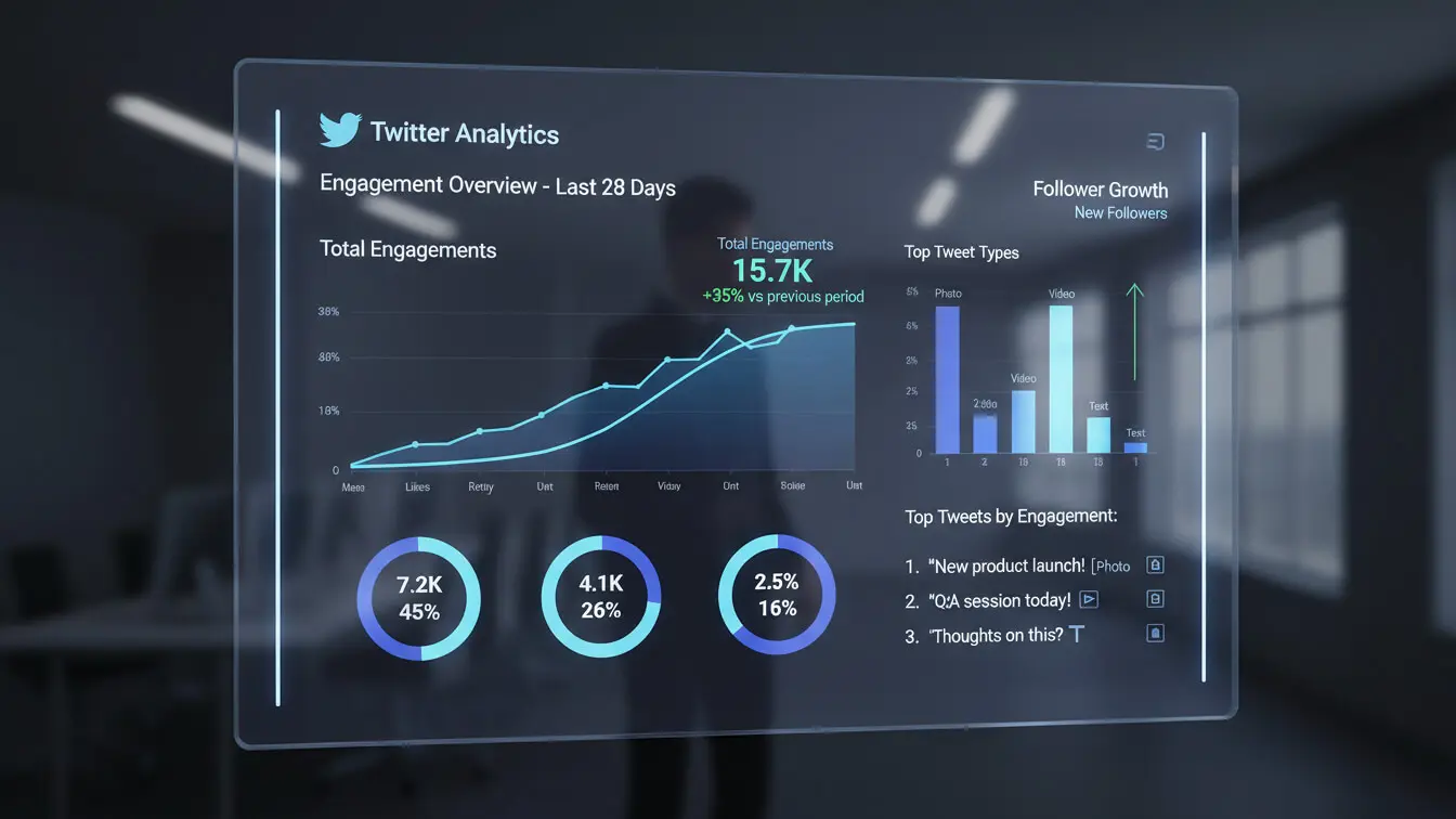 A digital dashboard displaying X/Twitter Posts analytics with graphs on total engagements, follower growth, engagement types, and top tweets over the last 28 days—ideal for those seeking TweetHunter alternatives in 2026. Uploaded on aifreeforever.com