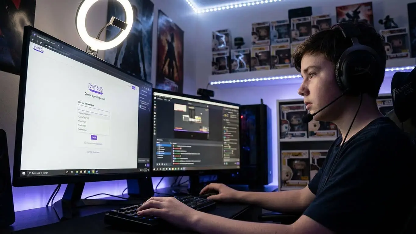 A person wearing a headset sits at a desk with dual monitors, streaming or gaming, illuminated by LED lights and a ring light. Collectible figures line the shelves in the background as they brainstorm with a Twitch Name Generator. Uploaded on aifreeforever.com