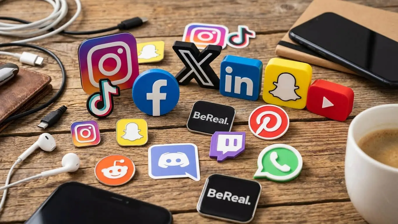 Various colorful social media and app logos, including Instagram, Facebook, X, LinkedIn, Snapchat, Discord, and others—even icons for tools like Namelix or Streamer Names—are arranged on a wooden table with gadgets nearby. Uploaded on aifreeforever.com